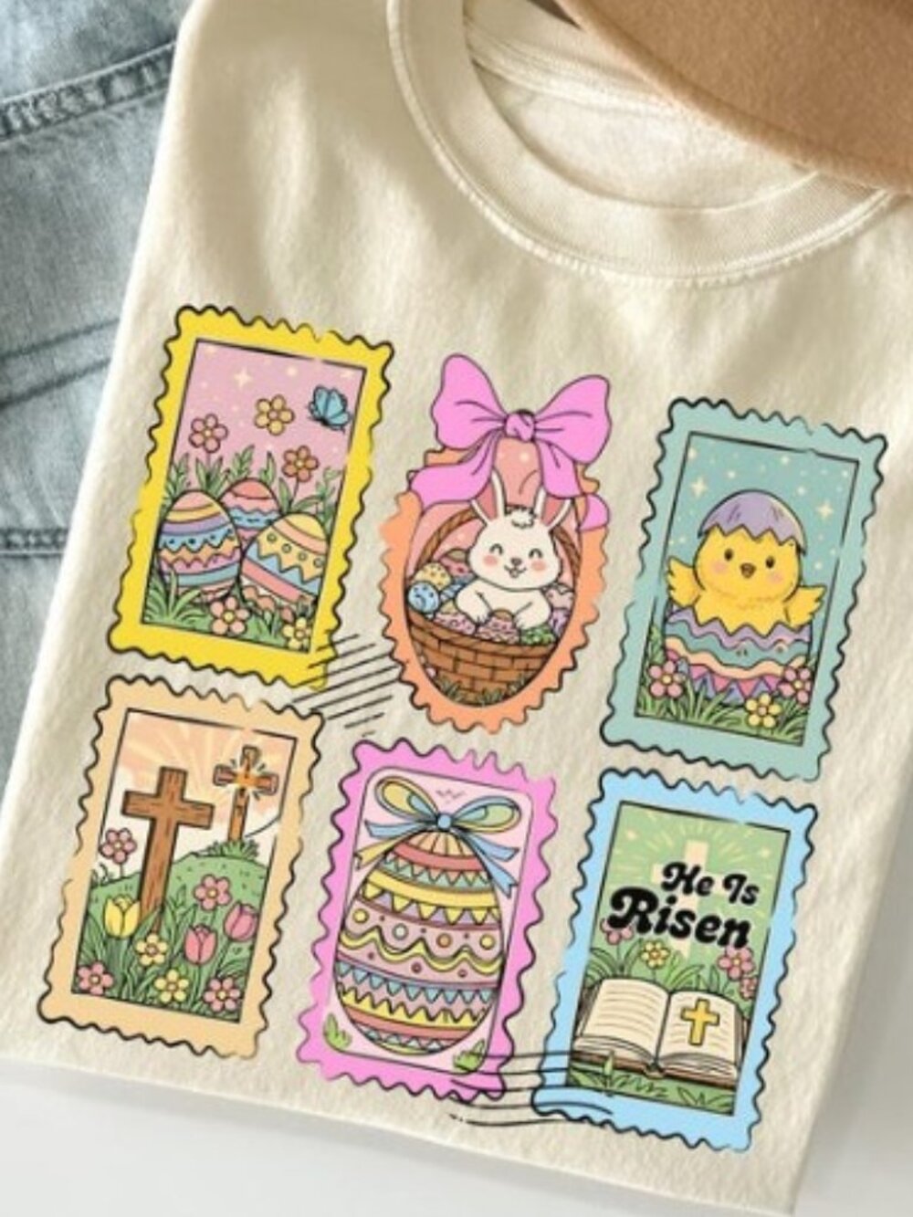Easter Retro Stamps Shirt, He Is Risen Easter Tee, Christian Easter Tshirt - Picture 2 of 3